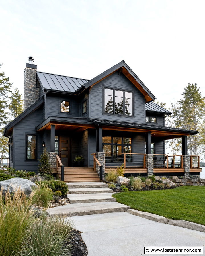 Slate Grey House With Cable Railing Deck - 30 Slate Grey House Design With Deck Ideas