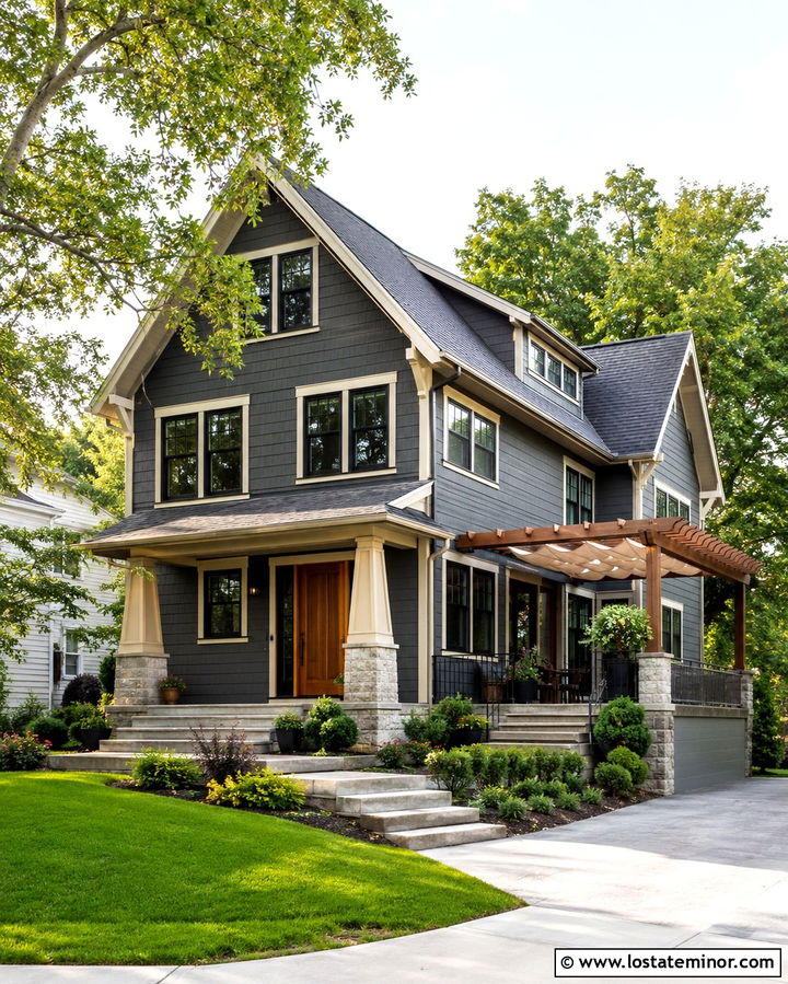 Slate Grey House With Canopy Pergola - 30 Slate Grey House Design With Pergola Ideas