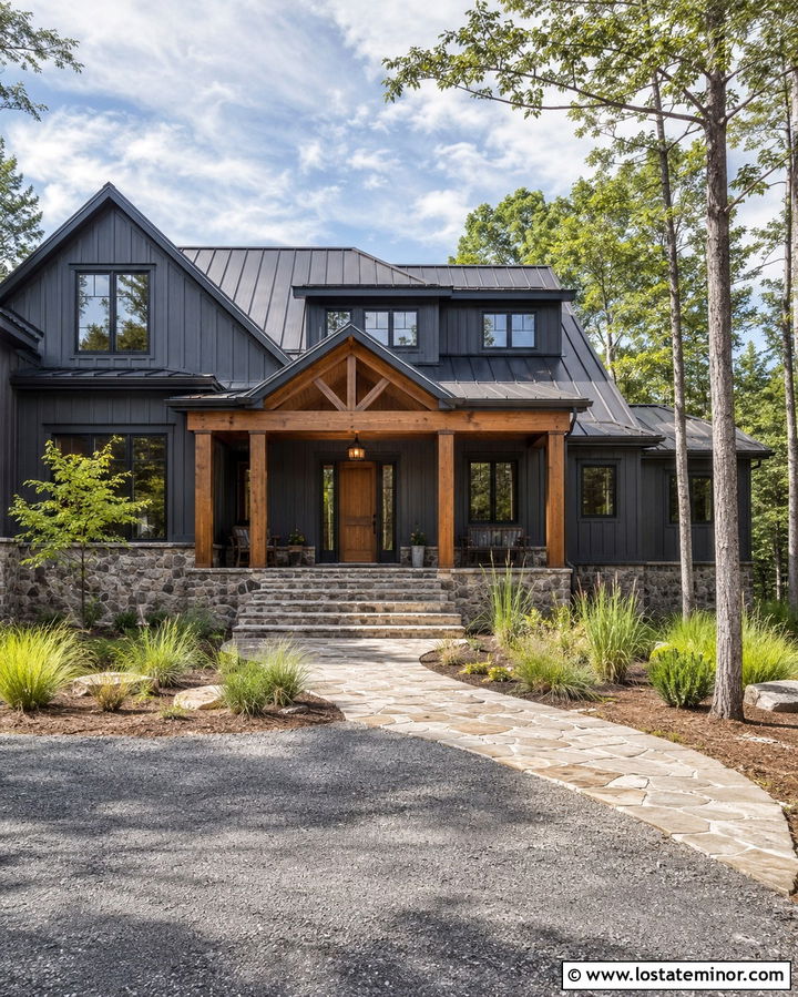 Slate Grey House With Cedar Beam Porch Ceiling - 30 Slate Grey House Design With Porch Ceiling Ideas