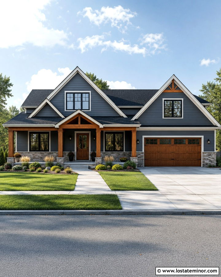 Slate Grey House With Cedar Columns And Garage Door - 30 Slate Grey House Design With Porch Columns Ideas