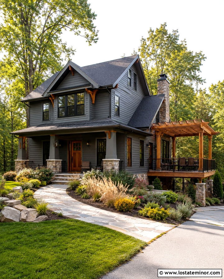 Slate Grey House With Cedar Pergola - 30 Slate Grey House Design With Pergola Ideas
