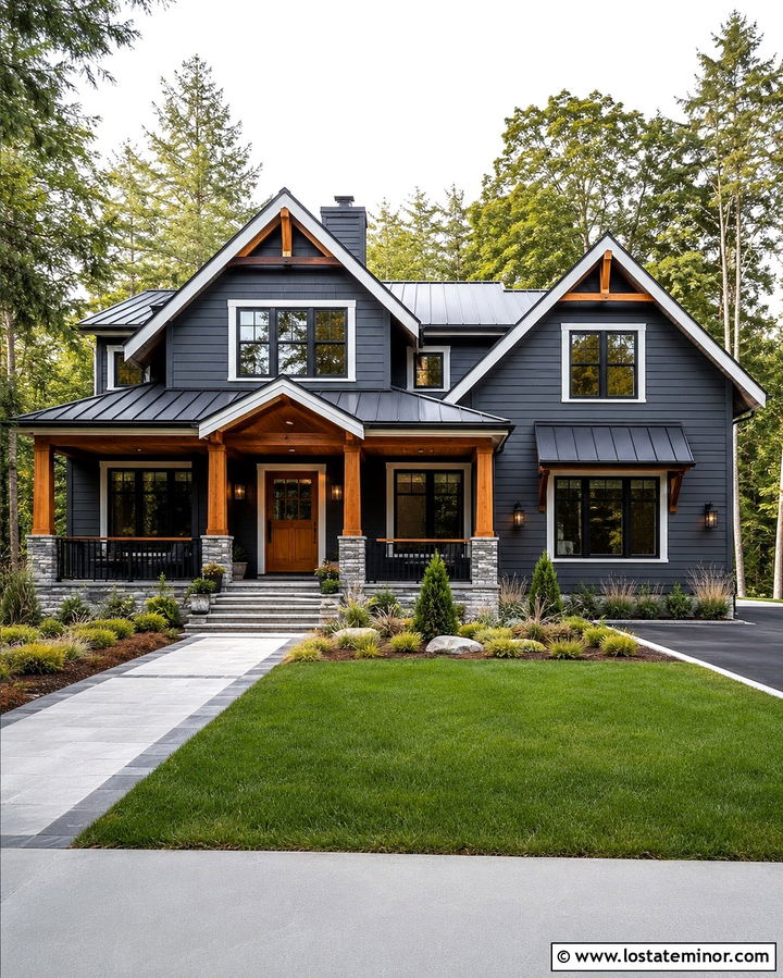 Slate Grey House With Cedar Porch And Black Lights - 30 Slate Grey House Design With Light Fixtures Ideas