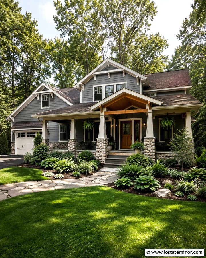 Slate Grey House With Cedar Porch And Ferns - 30 Slate Grey House Design With Landscaping Ideas