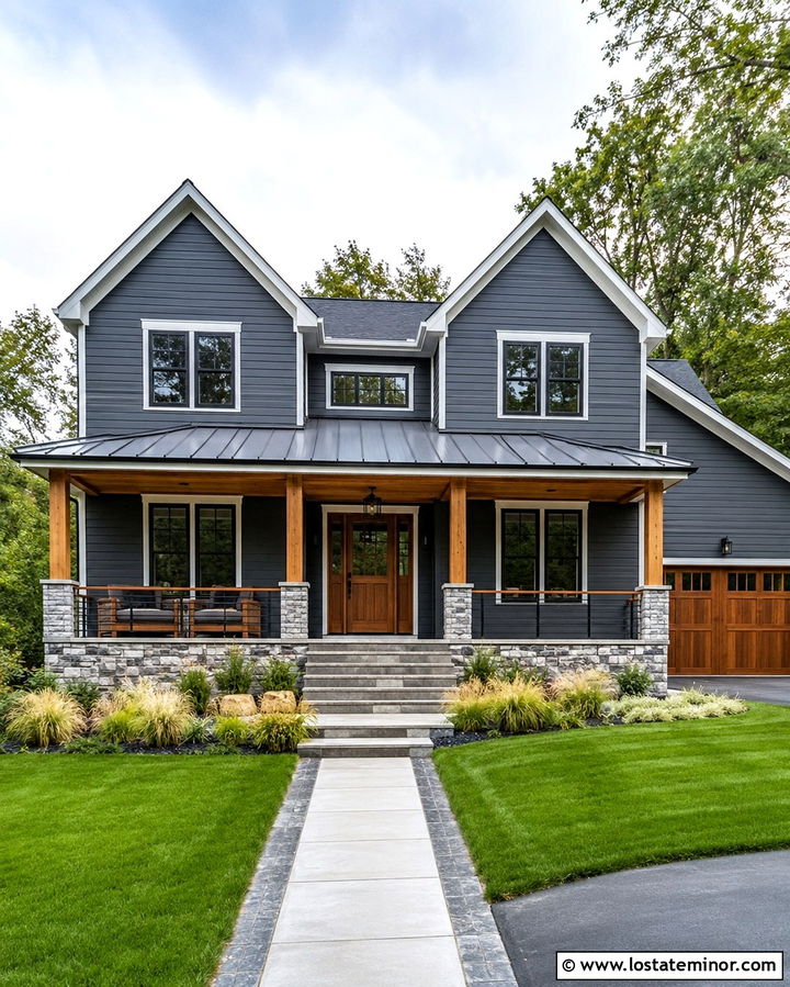 Slate Grey House With Cedar Porch Ceiling - 30 Slate Grey House Design With Porch Ceiling Ideas
