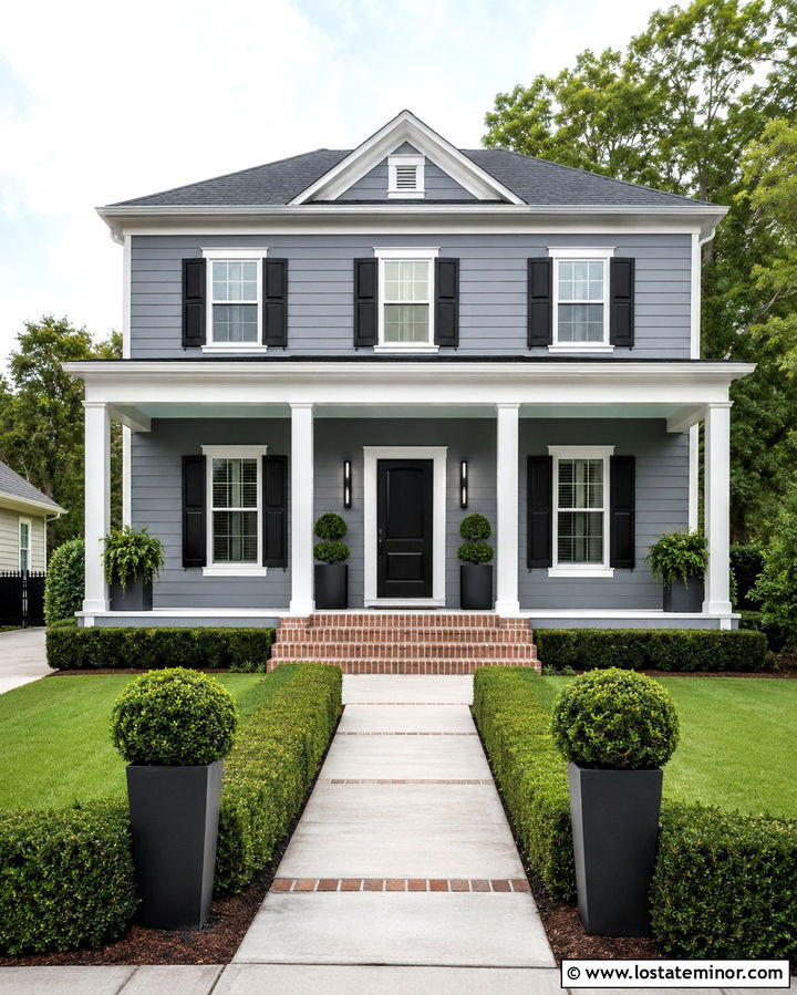 Slate Grey House With Column Lights - 30 Slate Grey House Design With Lighting Ideas