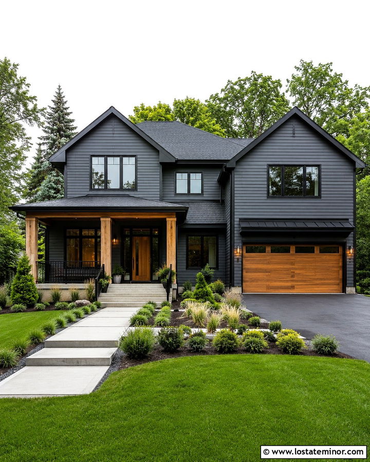 Slate Grey House With Columns And Black Window Frames - 30 Slate Grey House Design With Porch Columns Ideas