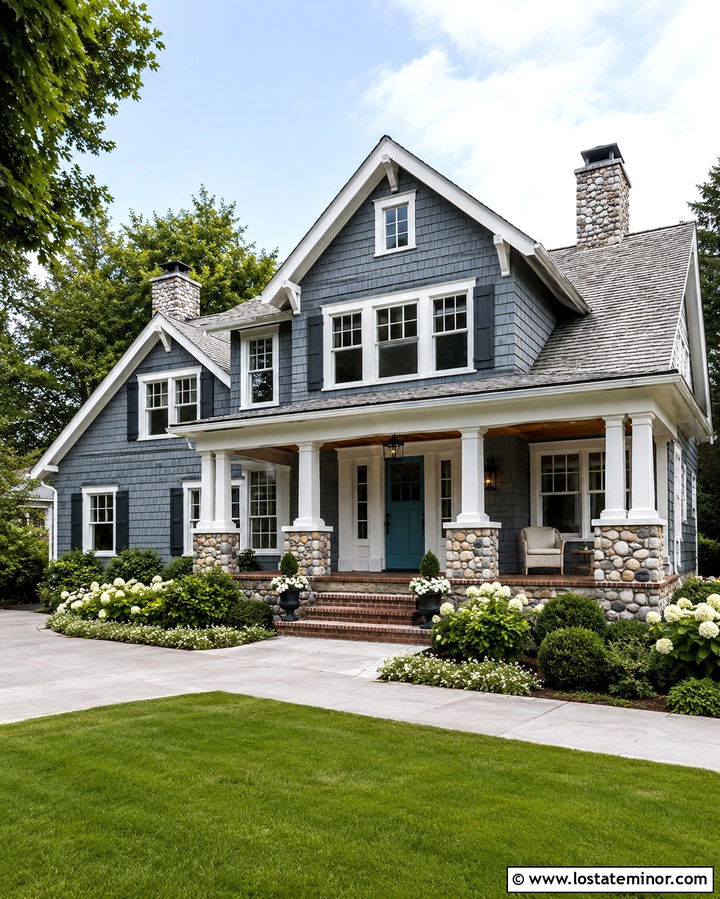 Slate Grey House With Columns And Blue Front Door - 30 Slate Grey House Design With Porch Columns Ideas