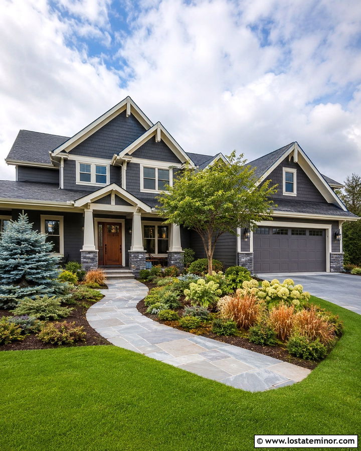 Slate Grey House With Columns And Coordinated Landscaping - 30 Slate Grey House Design With Porch Columns Ideas