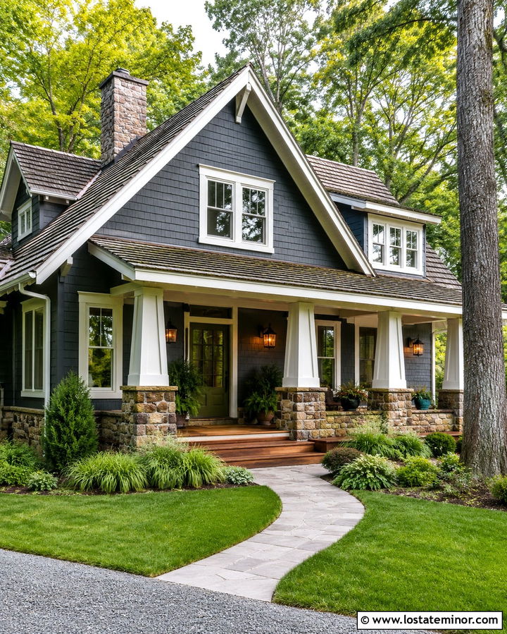 Slate Grey House With Columns And Green Front Door - 30 Slate Grey House Design With Porch Columns Ideas