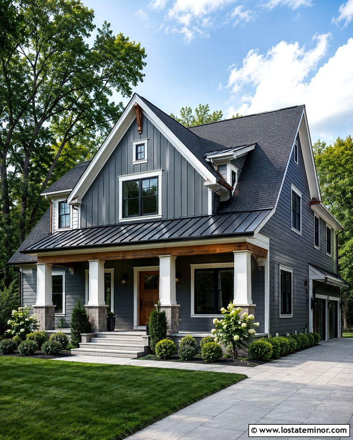Slate Grey House With Columns And Metal Porch Roof - 30 Slate Grey House Design With Porch Columns Ideas