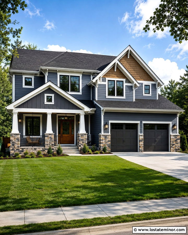 Slate Grey House With Columns And Mixed Siding - 30 Slate Grey House Design With Porch Columns Ideas