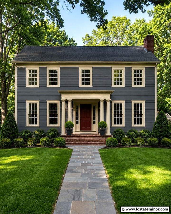Slate Grey House With Columns And Red Front Door - 30 Slate Grey House Design With Porch Columns Ideas