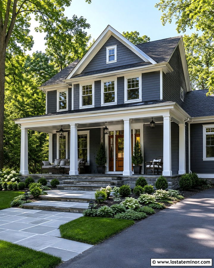 Slate Grey House With Columns And Stone Porch Floor - 30 Slate Grey House Design With Porch Columns Ideas