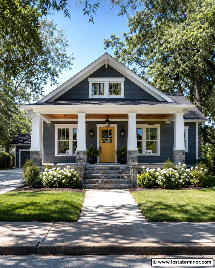 Slate Grey House With Columns And Yellow Front Door - 30 Slate Grey House Design With Porch Columns Ideas