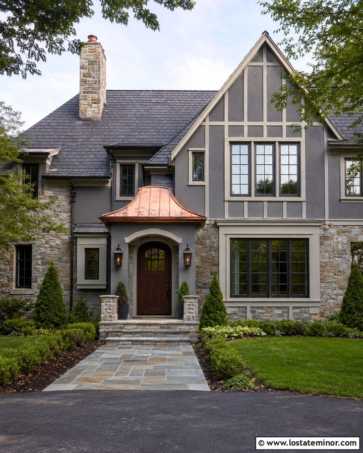 Slate Grey House With Copper Door Awning - 30 Slate Grey House Design With Awning Ideas