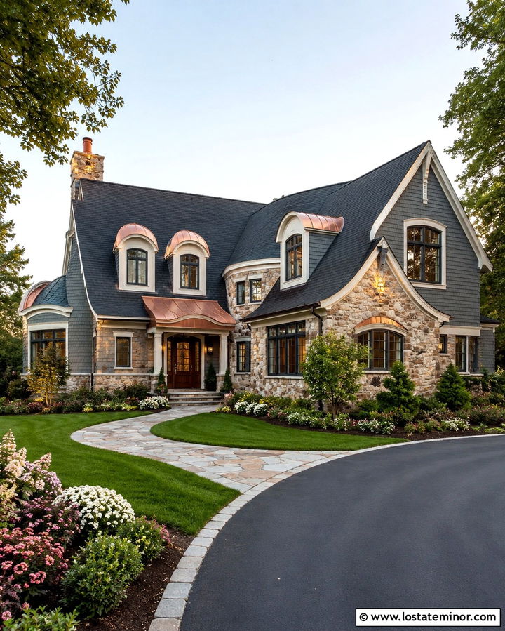 Slate Grey House With Copper Dormer Roofs - 30 Slate Grey House Design With Dormers Ideas