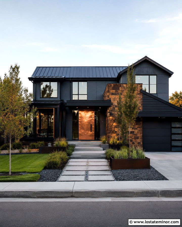 Slate Grey House With Copper Entry Door - 30 Slate Grey House Design With Entry Door Ideas