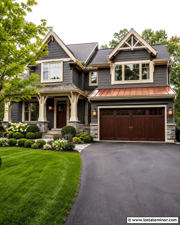 Slate Grey House With Copper Garage Details - 30 Slate Grey House Design With Garage Door Ideas