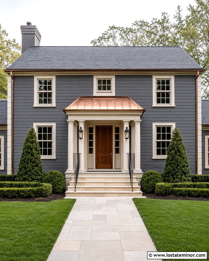 Slate Grey House With Copper Roof Porch - 30 Slate Grey House Design With Front Porch Ideas