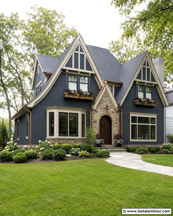 Slate Grey House With Copper Window Boxes - 30 Slate Grey House Design With Window Boxes Ideas