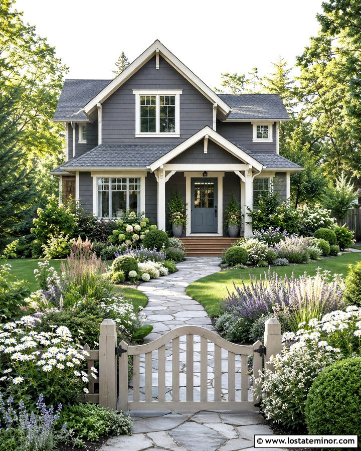 Slate Grey House With Cottage Garden Landscaping - 30 Slate Grey House Design With Landscaping Ideas