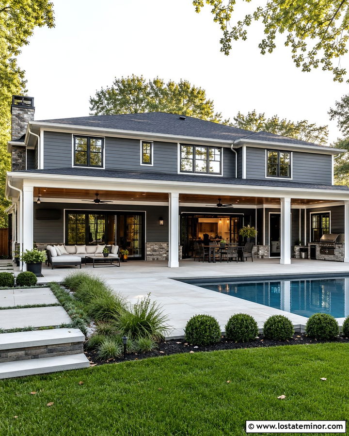 Slate Grey House With Covered Pool Patio - 30 Slate Grey House Design With Swimming Pool Ideas