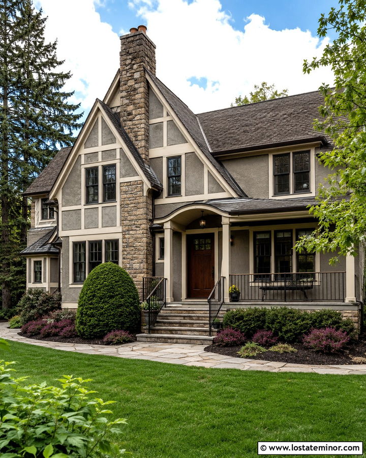 Slate Grey House With Cream Trim And Bronze Windows - 30 Slate Grey House Design With Chimney Ideas