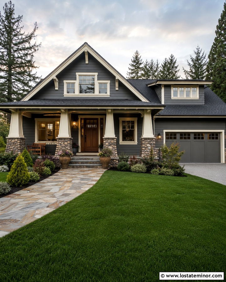 Slate Grey House With Cream Trim And Stone - 30 Slate Grey House Design With Accents Ideas