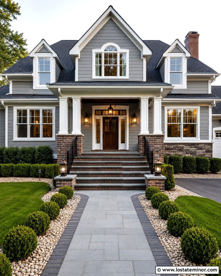 Slate Grey House With Dark Brick Steps - 30 Slate Grey House Design With Steps Ideas