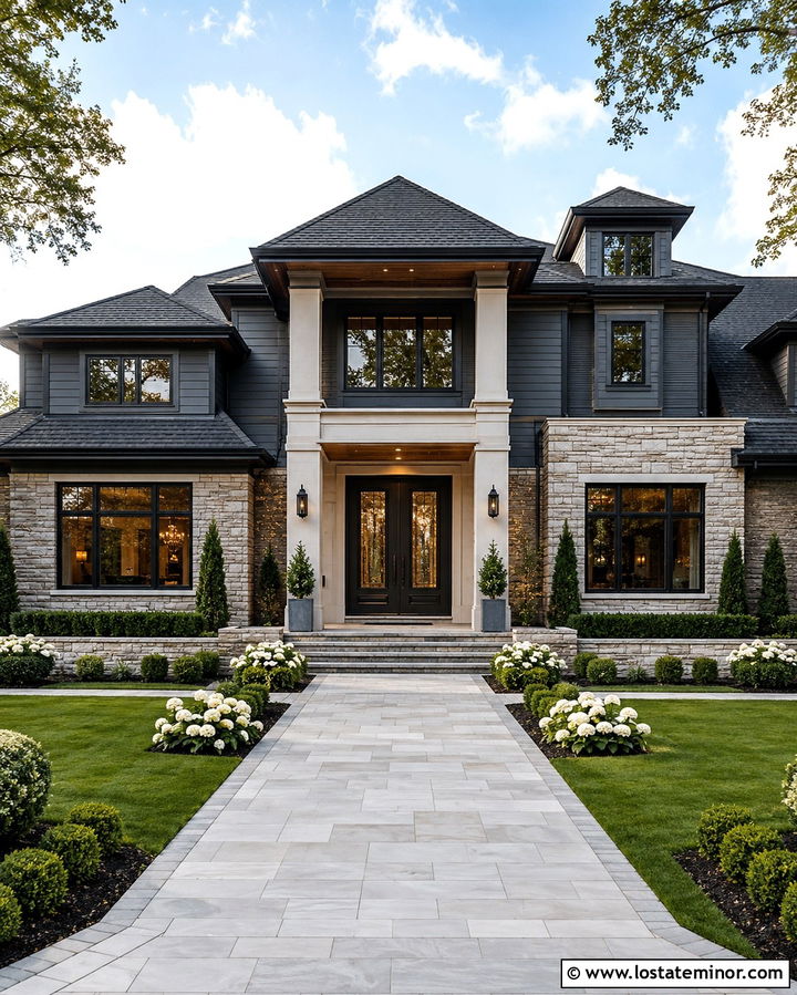 Slate Grey House With Dark Bronze Double Doors - 30 Slate Grey House Design With Entry Door Ideas
