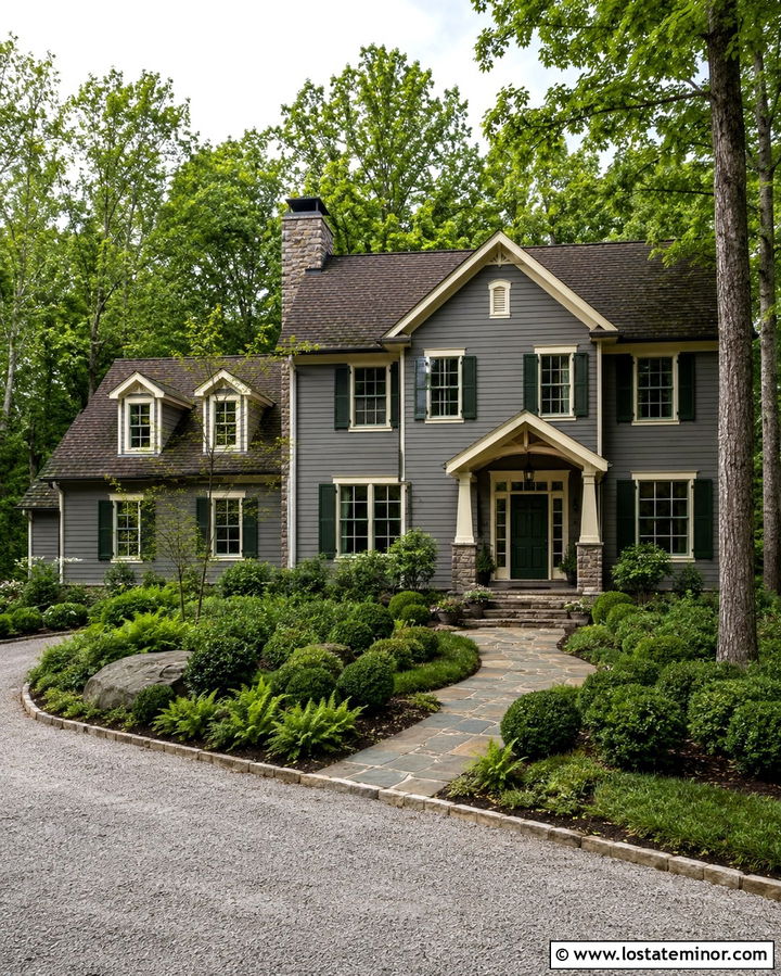 Slate Grey House With Dark Green Shutters - 30 Slate Grey House Design With Accents Ideas