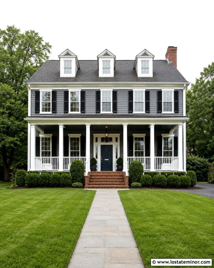 Slate Grey House With Dark Navy Porch Ceiling - 30 Slate Grey House Design With Porch Ceiling Ideas