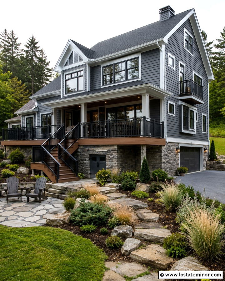 Slate Grey House With Deck And Stone Skirting - 30 Slate Grey House Design With Deck Ideas