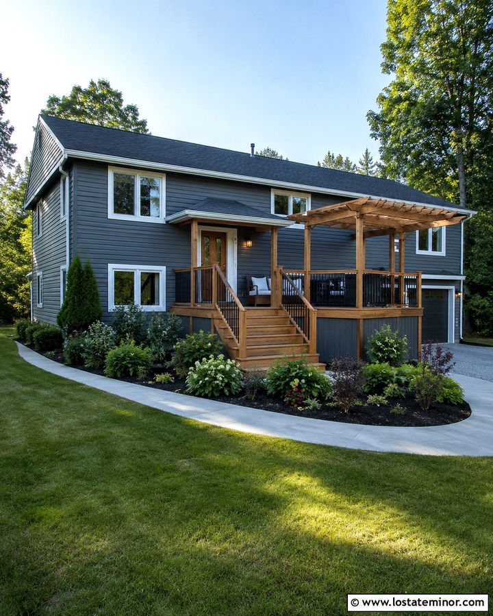 Slate Grey House With Deck Pergola - 30 Slate Grey House Design With Pergola Ideas