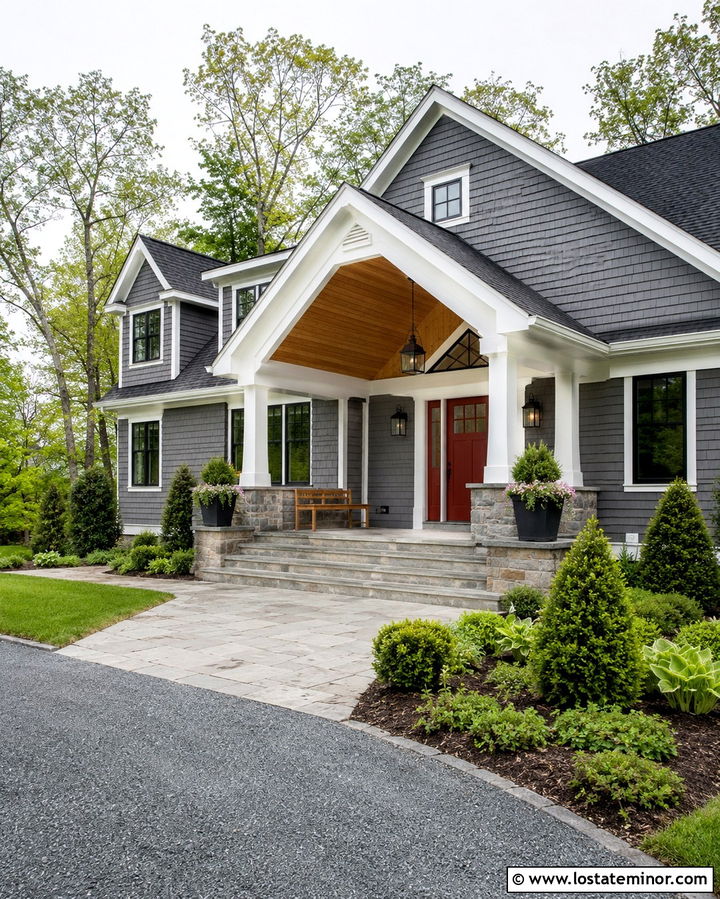 Slate Grey House With Deep Entry Portico - 30 Slate Grey House Design With Portico Ideas