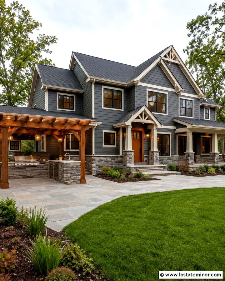 Slate Grey House With Dining Pergola - 30 Slate Grey House Design With Pergola Ideas