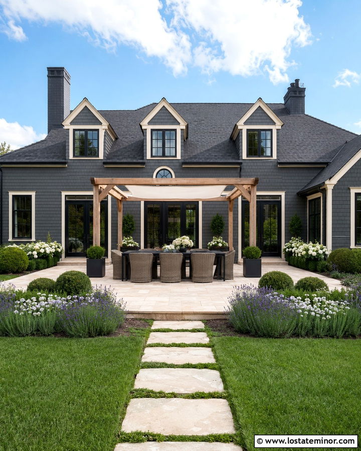 Slate Grey House With Dining Pergola - 30 Slate Grey House Design With Backyard Ideas