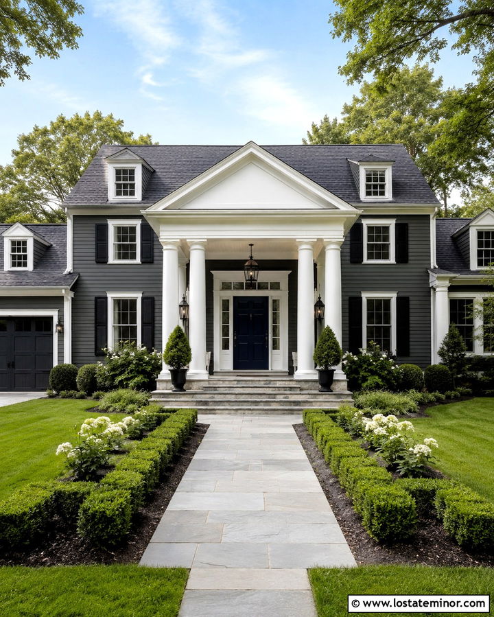 Slate Grey House With Double Column Portico - 30 Slate Grey House Design With Portico Ideas