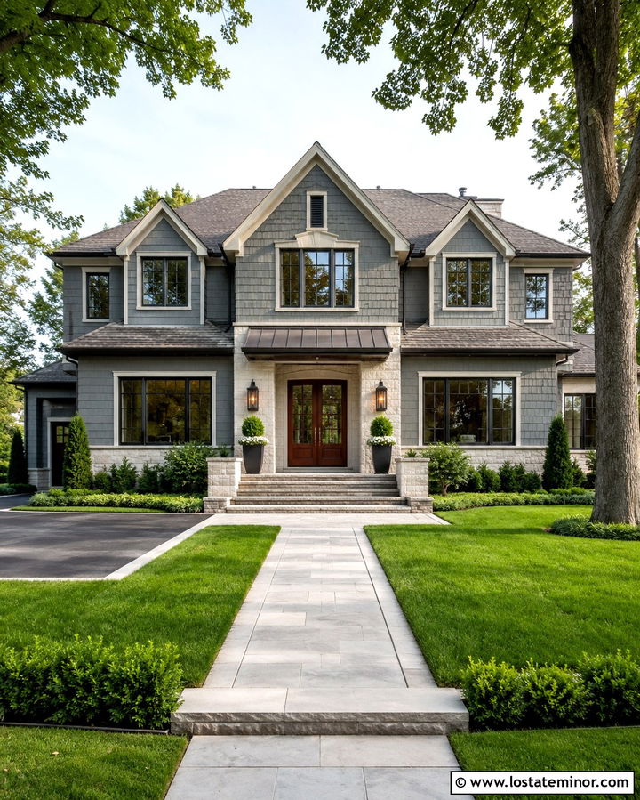 Slate Grey House With Double Door Awning - 30 Slate Grey House Design With Awning Ideas