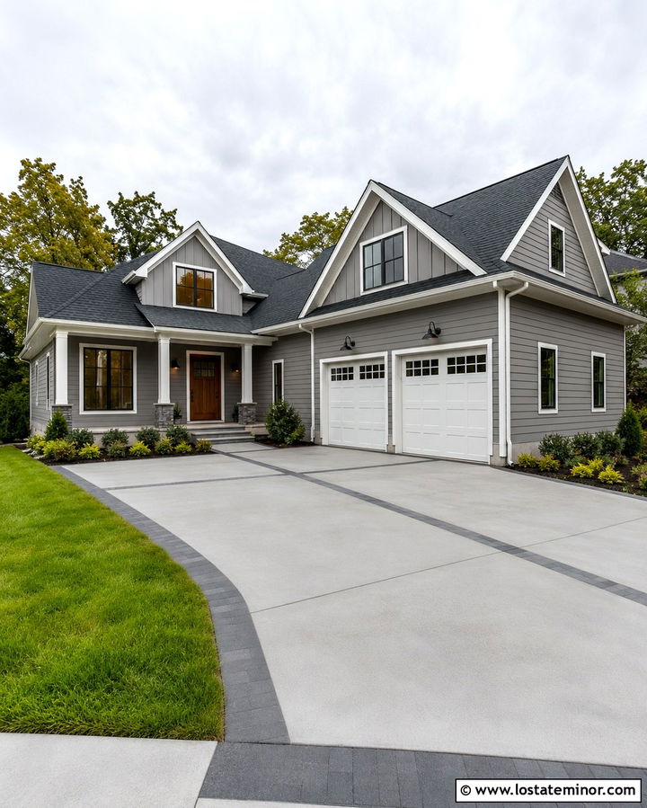 Slate Grey House With Double Garage Driveway - 30 Slate Grey House Design With Driveway Ideas