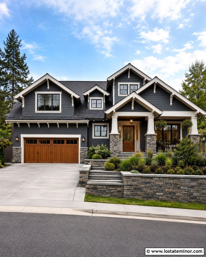 Slate Grey House With Driveway Retaining Wall - 30 Slate Grey House Design With Driveway Ideas
