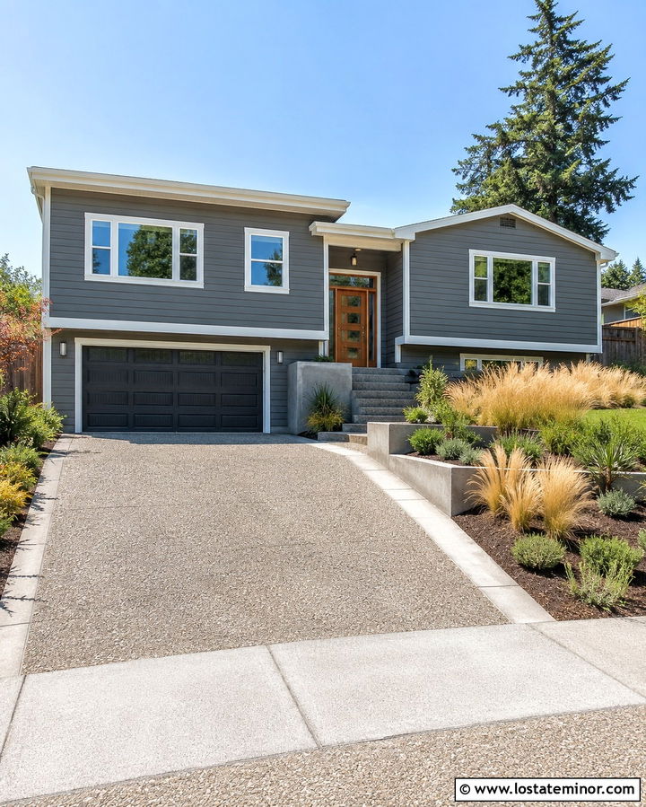 Slate Grey House With Exposed Aggregate Driveway - 30 Slate Grey House Design With Driveway Ideas