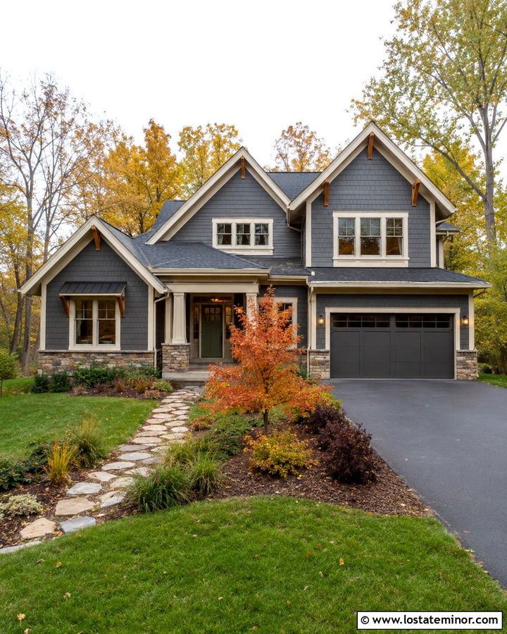 Slate Grey House With Fall Color Landscaping - 30 Slate Grey House Design With Landscaping Ideas