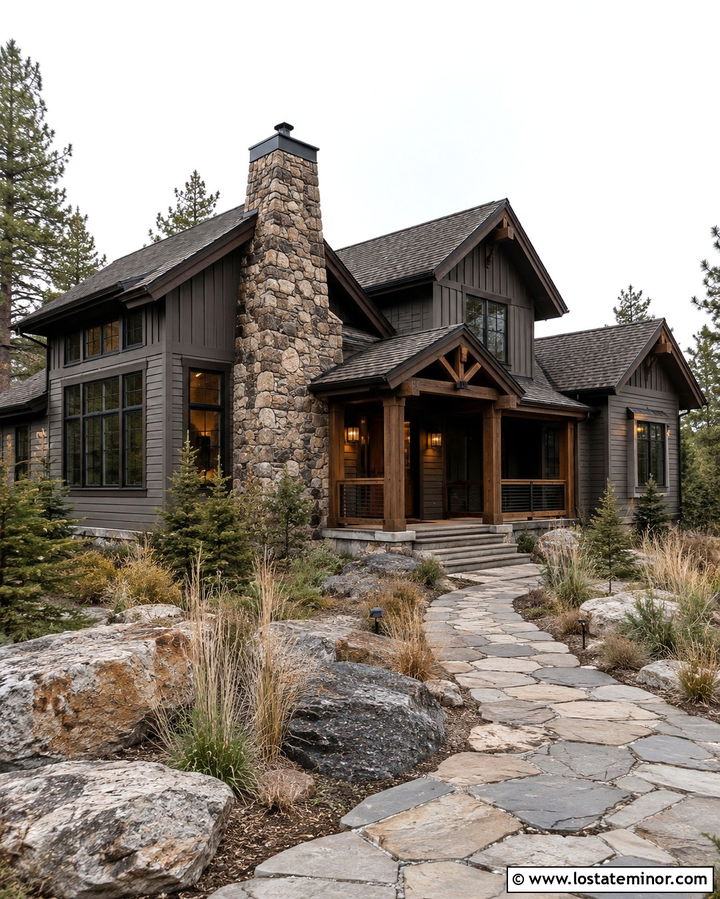 Slate Grey House With Fieldstone Chimney - 30 Slate Grey House Design With Chimney Ideas