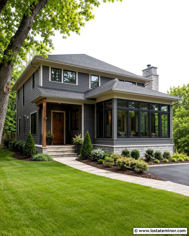 Slate Grey House With Four Season Sunroom - 30 Slate Grey House Design With Sunroom Ideas