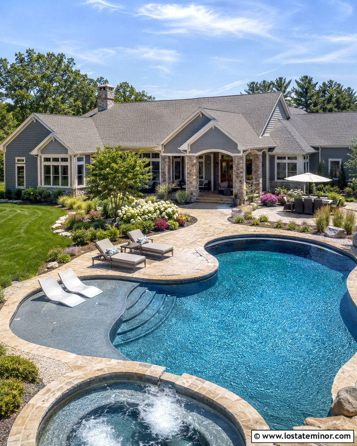 Slate Grey House With Freeform Pool - 30 Slate Grey House Design With Swimming Pool Ideas
