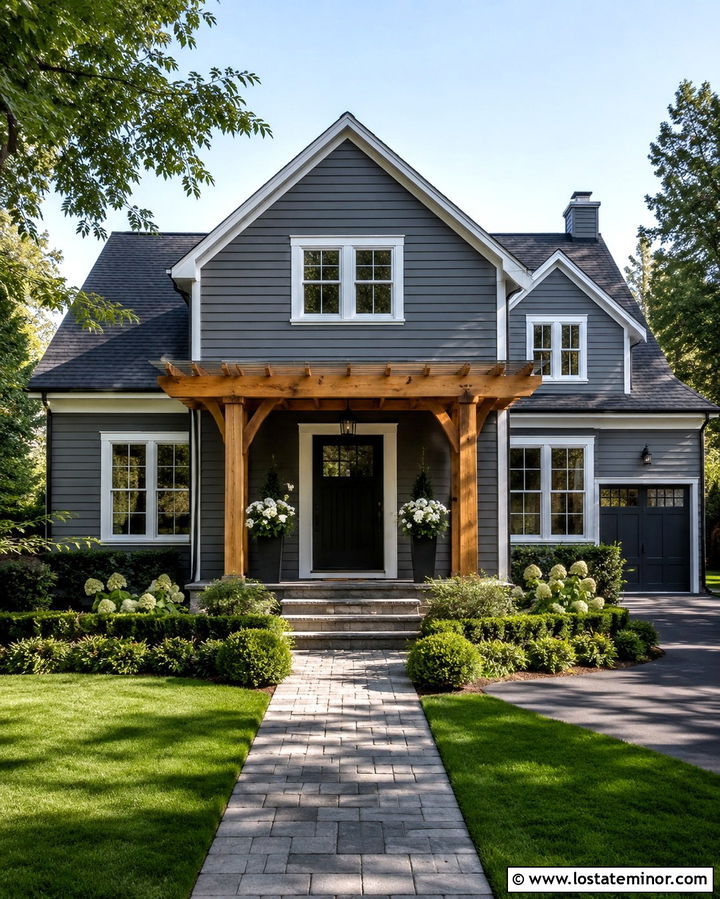 Slate Grey House With Front Porch Pergola - 30 Slate Grey House Design With Pergola Ideas