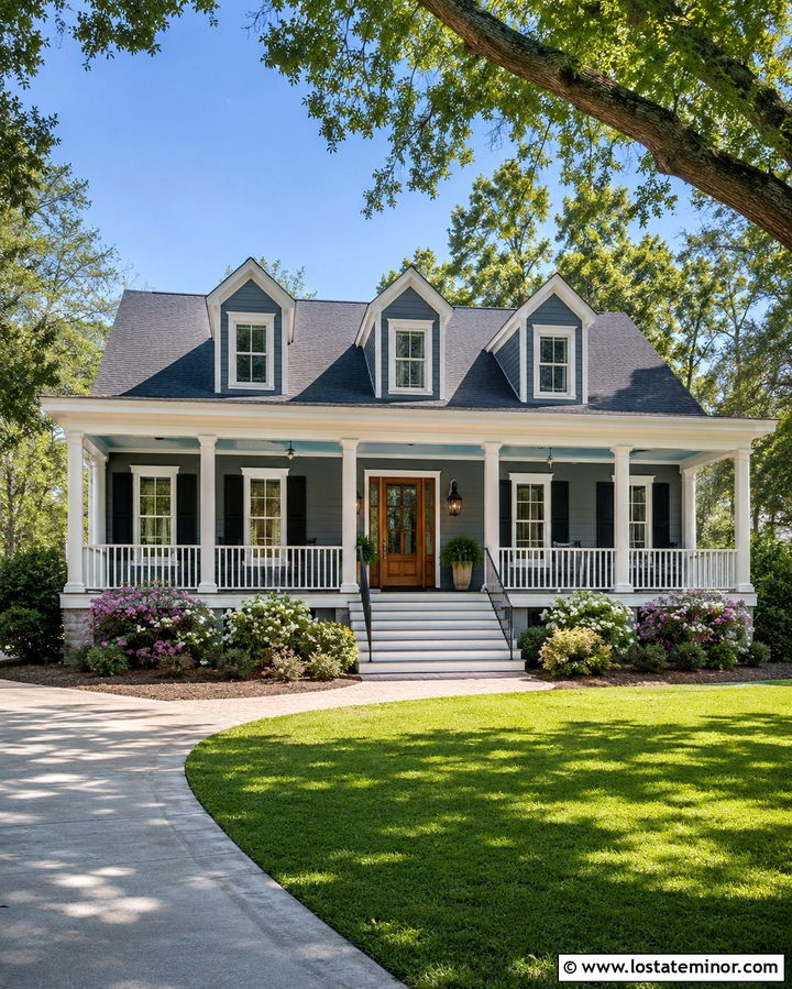 Slate Grey House With Full Width Column Porch - 30 Slate Grey House Design With Porch Columns Ideas