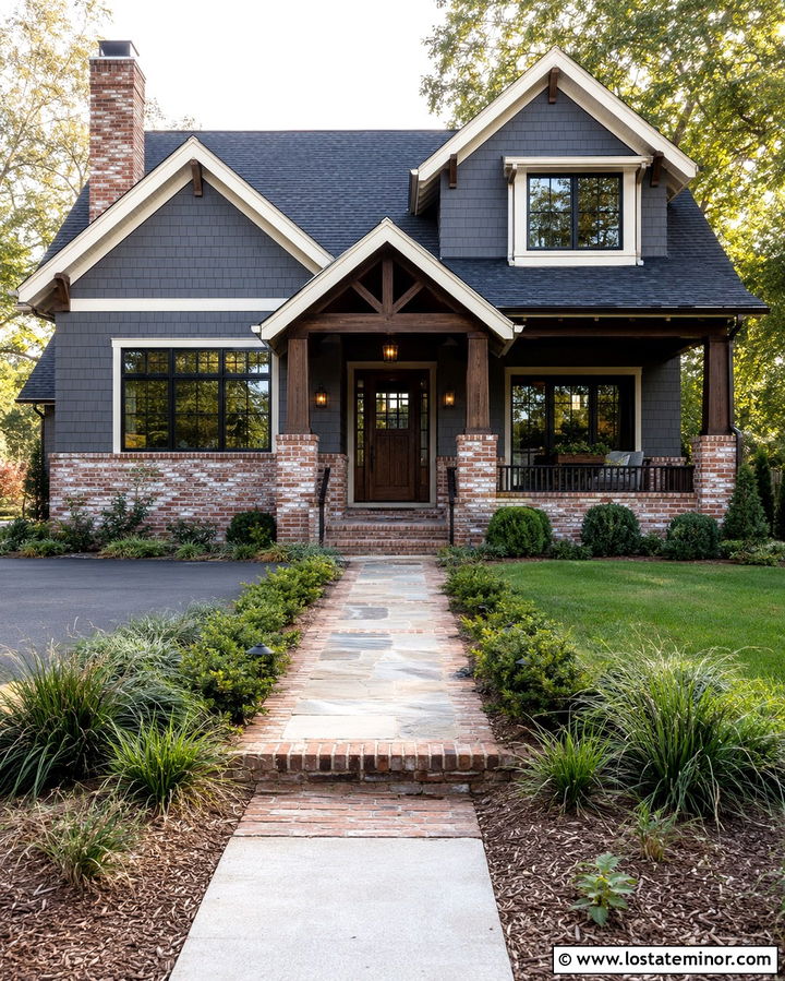 Slate Grey House With German Schmear Brick - 30 Slate Grey House Design With Brick Accents Ideas