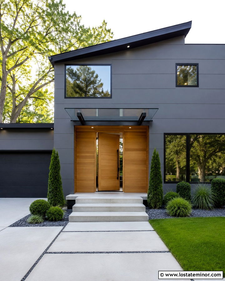 Slate Grey House With Glass Entry Awning - 30 Slate Grey House Design With Awning Ideas